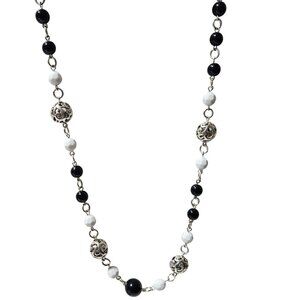Retro Black White Beaded Necklace Silver Filigree Beads Classic Fashion Jewelry